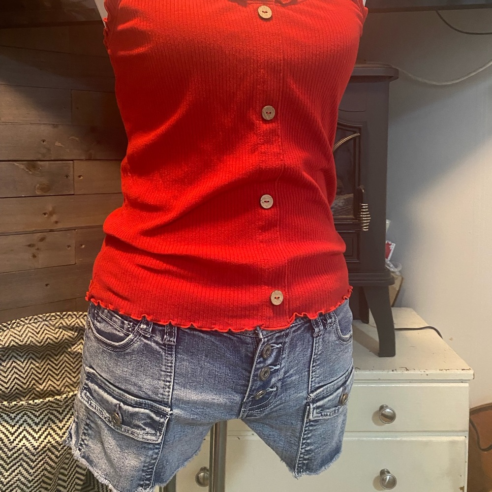 Gently worn LEI shorts and red tank top